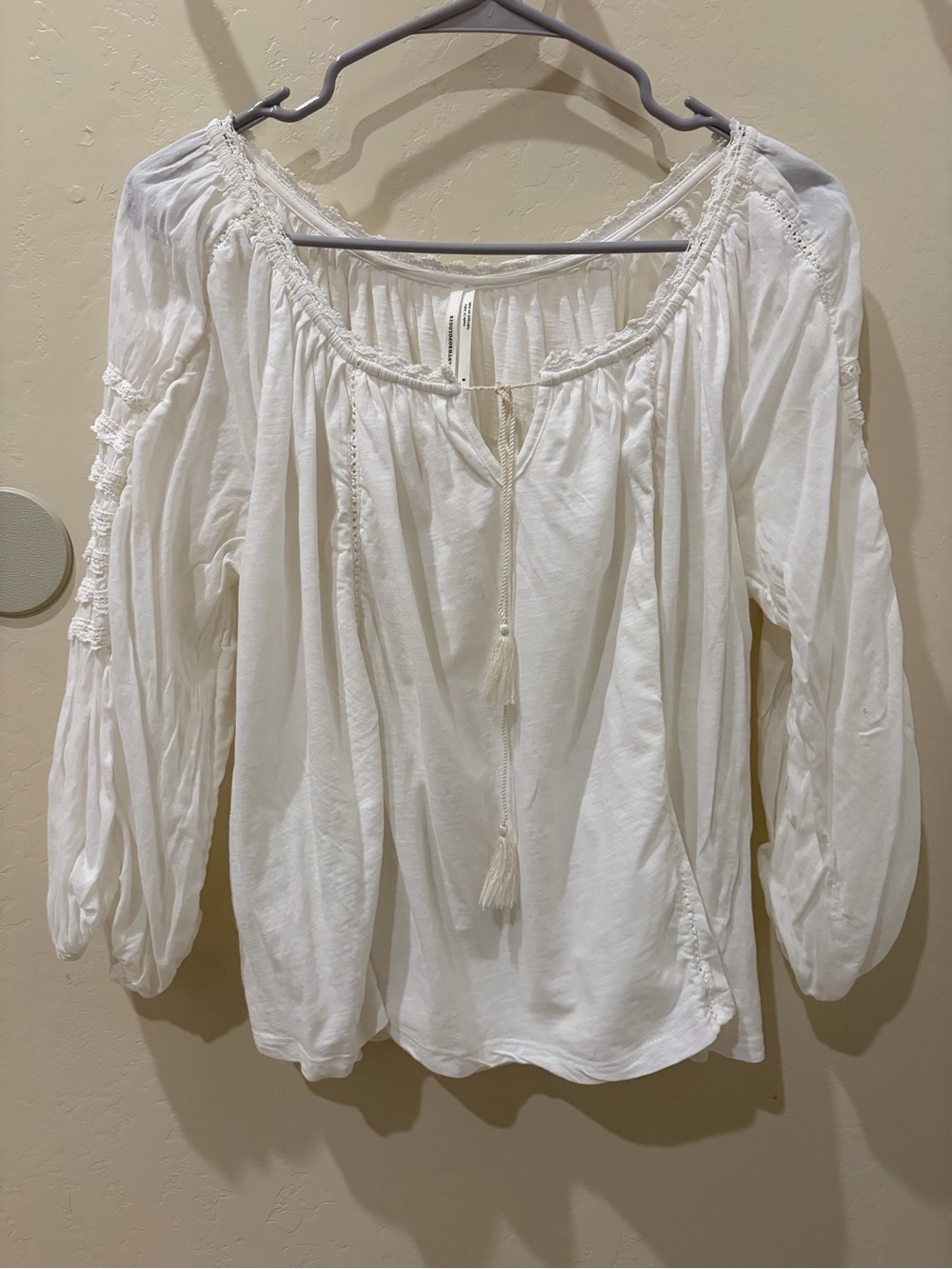 Anthropologie White Bohemian Peasant Top with Tassel Detail